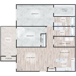 Floor plan for 2 beds, 2 baths, 1050 sqft